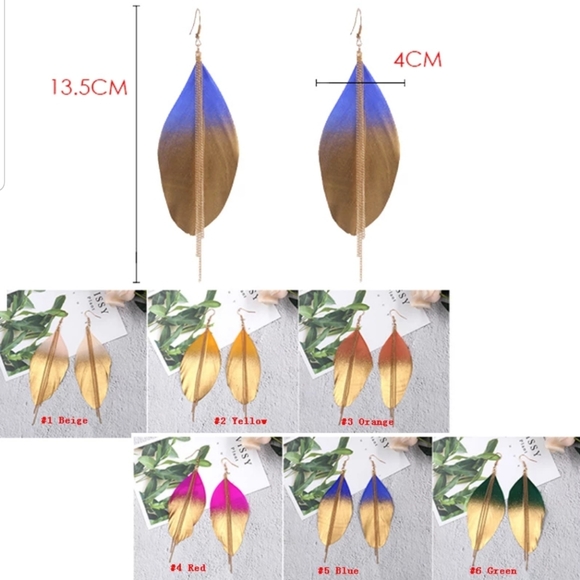 Exotic Feather Dipped in Gold Long Earrings 4in - Picture 4 of 5